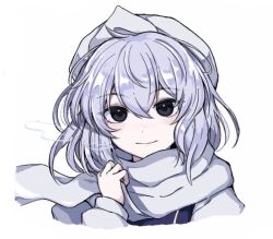 Rule 34 | 1girl, black eyes, closed mouth, highres, letty whiterock, light purple hair, looking at viewer, scarf, short hair, simple background, smile, solo, touhou, upper body, white background, white headwear, white scarf, yonoisan