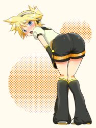 Rule 34 | 1boy, blonde hair, blue eyes, blush, detached sleeves, headphones, kagamine len, looking back, male focus, open mouth, shoes, shorts, solo, vocaloid
