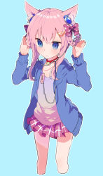 Rule 34 | 1girl, animal ears, arms up, bad id, bad pixiv id, bell, blue background, blue eyes, blue jacket, blush, bow, braid, braided hair rings, cat ears, closed mouth, collar, cropped legs, earphones, hair between eyes, hair bow, hair ornament, hair rings, hairclip, hood, hood down, hooded jacket, ikeuchi tanuma, jacket, jingle bell, long hair, long sleeves, neck bell, open clothes, open jacket, original, outline, pink hair, plaid, plaid skirt, pleated skirt, polka dot, polka dot bow, purple shirt, red bow, red collar, red skirt, shirt, sidelocks, simple background, skirt, solo, standing, white outline