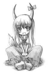 Rule 34 | 1girl, blush, ex-keine, female focus, greyscale, horn ornament, horn ribbon, horns, kamishirasawa keine, kurona, long hair, looking at viewer, monochrome, open mouth, ribbon, simple background, sitting, smile, solo, tail, touhou, white background
