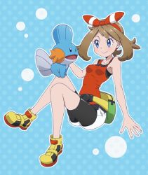 Rule 34 | 1girl, bad id, bad twitter id, bag, bare shoulders, bike shorts, blue background, blue eyes, blush, breasts, brown hair, closed mouth, collarbone, creatures (company), full body, game freak, gen 3 pokemon, gensei-225, hairband, may (pokemon), may (pokemon oras), mudkip, nintendo, pink lips, pokemon, pokemon (creature), pokemon oras, polka dot, polka dot background, ribbon, shoes, short hair, shorts, simple background, sitting, small breasts, smile, sneakers, tank top, white shorts