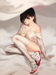 Rule 34 | 1girl, bed sheet, black hair, crossed ankles, geolim, hair over one eye, image sample, long hair, nose, off shoulder, original, pink eyes, scar, shoes, sitting, sneakers, solo, stitches, thighhighs, thighs, white theme, white thighhighs