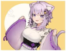 Rule 34 | 1girl, ahoge, animal ear fluff, animal ears, apron, bad id, bad twitter id, bell, blush, breasts, brown background, cat ears, cat girl, cat tail, commentary request, fang, frilled apron, frills, gradient kimono, hair bell, hair ornament, hands up, hololive, japanese clothes, jingle bell, kimono, long sleeves, looking at viewer, medium breasts, nekomata okayu, nekomata okayu (new year), obi, open mouth, pinching sleeves, purple eyes, purple hair, purple kimono, ribbon-trimmed sleeves, ribbon trim, sash, seramikku, sleeves past wrists, solo, tail, two-tone background, upper body, virtual youtuber, white apron, white background, white kimono, wide sleeves