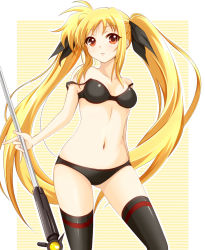 Rule 34 | 00s, 1girl, bad id, bad pixiv id, bardiche (nanoha), black panties, blonde hair, bra, fate testarossa, lingerie, long hair, looking at viewer, lyrical nanoha, mahou shoujo lyrical nanoha, mahou shoujo lyrical nanoha a&#039;s, mahou shoujo lyrical nanoha strikers, panties, red eyes, solo, strap slip, striped, striped background, thighhighs, twintails, underwear, underwear only, very long hair, violetshit