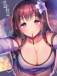 Rule 34 | 1girl, artist name, breasts, brown hair, cleavage, collarbone, commentary request, covered erect nipples, dated, flower, food, food in mouth, hair flower, hair ornament, highres, incoming pocky kiss, large breasts, long hair, looking at viewer, mouth hold, naoto (yandereheaven), on floor, original, outline, outstretched arms, pocky, pocky day, polka dot, purple eyes, shrug (clothing), signature, solo, twitter username, watermark, web address