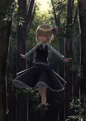 Rule 34 | 1girl, :d, absurdres, bad id, bad pixiv id, blonde hair, bloomers, fang, floating, forest, frilled skirt, frills, hair ribbon, highres, nature, nerisylphs, open mouth, outstretched arms, red eyes, ribbon, rumia, shirt, short hair, skirt, smile, solo, spread arms, touhou, tree, underwear, vest