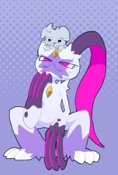 Rule 34 | claws, creatures (company), espurr, forehead jewel, game freak, gen 6 pokemon, highres, looking at another, nintendo, no humans, open mouth, pink eyes, pokemon, pokemon (creature), simple background, sitting, sneasler, sweatdrop, winter939