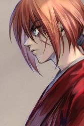 Rule 34 | 1boy, bruise, bruise on face, from side, grey background, hair between eyes, himura kenshin, hungry clicker, injury, japanese clothes, long hair, male focus, orange hair, ponytail, profile, rurouni kenshin, scar, serious, simple background, solo