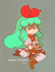 Rule 34 | 1girl, artist name, birthday, birthmark, boots, borrowed character, bow, brown collar, brown footwear, brown gloves, closed mouth, collar, collared dress, colored eyelashes, commentary, curly hair, dress, english commentary, food, frilled sleeves, frills, full body, gem, gift art, gloves, green eyes, green hair, grey background, hair bow, happy birthday, holding, holding food, holding plate, light blush, long hair, original, plate, puffy short sleeves, puffy sleeves, red bow, red gemstone, red pupils, red trim, ribbon-trimmed footwear, short dress, short sleeves, sidelocks, smile, solo, striped clothes, striped dress, temmie chang, thighhighs, vertical-striped clothes, vertical-striped dress, white dress, white thighhighs