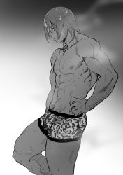 Rule 34 | 1boy, abs, absurdres, animal print, ashwatthama (fate), boxer briefs, cowboy shot, dark-skinned male, dark skin, exhausted, fate/grand order, fate (series), gradient background, greyscale, haiki (tegusu), hand on own hip, highres, leopard print, male focus, male underwear, manly, monochrome, muscular, nipples, simple background, solo, steam, sweat, toned, toned male, topless male, underwear, underwear only