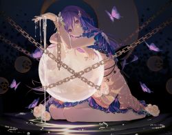 Rule 34 | 1girl, adapted costume, alternate hairstyle, arm up, barefoot, beads, bug, butterfly, chain, crescent moon, cuffs, dress, flower, fortissimo, full moon, hair between eyes, hair flower, hair ornament, houraisan chouko, insect, leaf, long hair, looking at viewer, moon, musical note, musical note hair ornament, nail polish, parted lips, petticoat, purple eyes, purple hair, purple nails, rose, shackles, sitting, solo, touhou, treble clef, tsukumo benben, wariza, white flower, white rose, yellow dress
