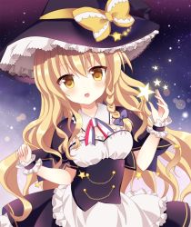 Rule 34 | 1girl, :d, apron, bad id, bad pixiv id, black dress, blonde hair, blue bow, blush, bow, braid, breasts, commentary request, cowboy shot, dress, embellished costume, fang, hair bow, hat, hat bow, kirisame marisa, long hair, looking at viewer, mayo (miyusa), medium breasts, neck ribbon, open mouth, ribbon, side braid, smile, solo, star (symbol), touhou, waist apron, witch hat, wrist cuffs, yellow bow, yellow eyes