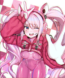 Rule 34 | 1girl, absurdres, alice (nikke), animal ear headphones, animal ears, bodysuit, breasts, clothes writing, covered navel, cropped jacket, double v, fake animal ears, gloves, goddess of victory: nikke, headphones, highres, impossible bodysuit, impossible clothes, jacket, liangmian, long hair, looking at viewer, medium breasts, pink bodysuit, pink eyes, pink gloves, pink hair, puffy sleeves, rabbit pose, red jacket, sidelocks, skin tight, sleeves past wrists, smile, solo, star (symbol), teeth, thigh gap, twintails, two-tone gloves, upper teeth only, v, white gloves, wide hips