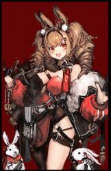 Rule 34 | 1girl, :d, absurdres, amayouri, angelina (arknights), animal ears, arknights, bare shoulders, black border, blush, border, braid, breasts, brown hair, cleavage, dress, fox ears, fur collar, hairband, highres, large breasts, long hair, long sleeves, looking at viewer, mole, mole on breast, open mouth, rabbit, red background, red dress, red eyes, side braid, simple background, single leg pantyhose, smile, solo, teeth, thigh strap, twintails