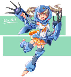Rule 34 | 1girl, absurdres, ag 00000, barefoot, breasts, brown eyes, brown hair, claws, clenched hands, covered navel, dated, floating hair, gundam, gundam 0080, hair behind ear, helmet, highres, hygogg, mecha musume, medium breasts, skirt, thighhighs, twintails, yellow skirt