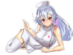 Rule 34 | 1girl, absurdres, bare shoulders, blush, dress, fate/grand order, fate (series), hair between eyes, hat, highres, holding, holding syringe, long hair, looking at viewer, lying, nurse, nurse cap, on side, red eyes, silver hair, sleeveless, sleeveless dress, solo, syringe, thighhighs, tomoe gozen (fate), white background, white dress, white thighhighs, yahan (mctr5253)