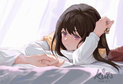 Rule 34 | 1girl, 1other, 2022, bed sheet, black hair, closed mouth, dated, holding, holding hands, inoue takina, kuri ko, layered sleeves, long hair, long sleeves, lycoris recoil, purple eyes, short over long sleeves, short sleeves, straight hair, upper body