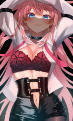 Rule 34 | 1girl, absurdres, blue eyes, bra, breasts, choker, cleavage, high-waist shorts, highres, hololive, holox, iry illust, long hair, looking at viewer, medium breasts, navel, open clothes, open shirt, pantyhose, pantyhose under shorts, pink hair, shorts, smile, solo, takane lui, takane lui (1st costume), underwear, very long hair, virtual youtuber