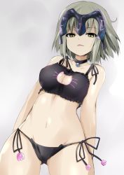 Rule 34 | 1girl, bare arms, bare shoulders, bell, black bra, black panties, bra, breasts, cat cutout, cat ear panties, cat lingerie, choker, cleavage, cleavage cutout, clothing cutout, collar, collarbone, cowboy shot, fate/grand order, fate (series), grey background, grey hair, groin, headpiece, jeanne d&#039;arc (fate), jeanne d&#039;arc alter (avenger) (fate), jeanne d&#039;arc alter (fate), jingle bell, looking at viewer, medium breasts, meme attire, navel, neck bell, panties, ruler (fate/grand order), sen (astronomy), serious, short hair, side-tie panties, simple background, solo, standing, thigh gap, tsurime, underwear, underwear only, yellow eyes