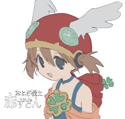 Rule 34 | 1girl, backpack, bag, blue eyes, brown hair, buttons, character request, choker, clover, clover ornament, copyright request, four-leaf clover, hair ornament, hano luno, helmet, highres, open mouth, scarf, short hair, sketch, smile, solo, tank top, translation request, twintails, winged helmet
