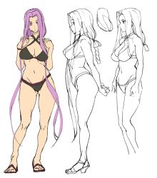 Rule 34 | 1girl, ashiomi masato, breasts, closed mouth, fate/grand order, fate/stay night, fate (series), groin, long hair, looking at viewer, medusa (fate), medusa (rider) (fate), navel, purple eyes, purple hair, sandals, simple background, solo, swimsuit, toes, very long hair, white background