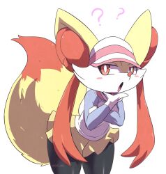 Rule 34 | 1girl, ?, ??, animal ear fluff, black leggings, braixen, bright pupils, commentary, cosplay, creatures (company), fluffy, furry, furry female, game freak, gen 6 pokemon, highres, leggings, nintendo, open mouth, oreon smol, pantyhose, pokemon, pokemon (creature), pokemon bw2, rosa (pokemon), rosa (pokemon) (cosplay), simple background, skirt, snout, symbol-only commentary, tail, thinking, visor cap, white background, white fur, white pupils, yellow fur, yellow skirt