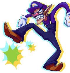 Rule 34 | . ., 1boy, absurdres, angry, big nose, brown hair, clenched hand, clenched teeth, commentary request, facial hair, full body, gloves, hat, highres, male focus, mario (series), mu (anitora24), mustache, nintendo, overalls, pointy ears, purple shirt, shirt, short hair, solo, teeth, waluigi, white gloves