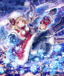 Rule 34 | 1girl, animal, black pants, blonde hair, bloomers, boots, bow, brown footwear, building, christmas, commentary, copyright notice, cygames, dress, floating, fox, fur-trimmed boots, fur-trimmed dress, fur-trimmed sleeves, fur hat, fur trim, hair bow, hat, highres, long sleeves, onineko, open mouth, outdoors, pants, papakha, red bow, red dress, santa dress, shingeki no bahamut, snowflakes, snowman, solo, underwear, yellow eyes