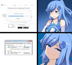Rule 34 | 1girl, blue hair, blush, breasts, doyagao, english text, gloves, google, google chrome, hair ornament, hairclip, hinghoi, install, internet explorer, large breasts, loading screen, long hair, meme, monitor, multiple views, open mouth, original, pov, sad, shaded face, shiny skin, side ponytail, smile, smirk, smug, third-party source, white gloves, window (computing)