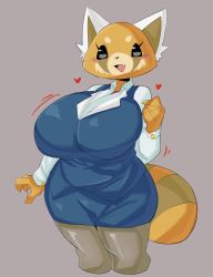 Rule 34 | 10s, 1girl, aggressive retsuko, black eyes, blush, breasts, cropped legs, curvy, fang, female focus, formal, furry, furry female, grey background, heart, highres, huge breasts, looking at viewer, no humans, office lady, open mouth, pantyhose, red panda, retsuko, sakana888888888, simple background, skirt, skirt suit, solo, suit, tail, wide hips