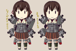 Rule 34 | 10s, 2girls, brown hair, chibi, hair ribbon, hand on own hip, hyuuga (kancolle), ise (kancolle), kantai collection, looking at viewer, machinery, multiple girls, nishi koutarou, ponytail, ribbon, simple background, skirt, smile, translation request, | |