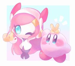 Rule 34 | 1girl, :o, artist name, black skirt, blue background, blue eyes, blush, blush stickers, border, commentary request, gloves, gradient background, hairband, highres, kirby, kirby (series), long hair, looking at viewer, nintendo, notice lines, one eye closed, outside border, pink hair, purple background, rayman limbs, simple background, skirt, stern (stern dream), susie (kirby), swept bangs, v, white border, white hairband, wrist cuffs, yellow gloves