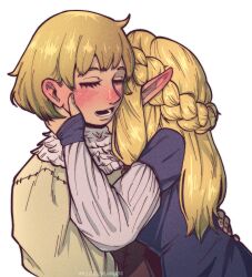 Rule 34 | 2girls, blonde hair, braid, closed eyes, commentary, dungeon meshi, english commentary, falin touden, feathers, highres, illogical snoos, kiss, kissing neck, long hair, lower teeth only, marcille donato, multiple girls, open mouth, pointy ears, short hair, simple background, teeth, white background, yuri