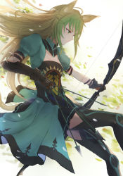 Rule 34 | 1girl, ahoge, animal ears, arrow (projectile), atalanta (fate), bodice, boots, bow (weapon), braid, cat ears, cat tail, fate/apocrypha, fate (series), gauntlets, green eyes, green hair, highres, holding, holding arrow, holding weapon, kachi, long hair, miniskirt, multicolored hair, puffy short sleeves, puffy sleeves, short sleeves, skirt, solo, tail, thigh boots, thighhighs, two-tone hair, weapon