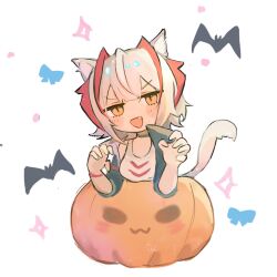 Rule 34 | 1girl, animal ears, antenna hair, arknights, beiwushide lr, blush stickers, chibi, claw pose, fang, halloween, hands up, highres, kemonomimi mode, looking at viewer, multicolored hair, no nose, open mouth, orange eyes, pumpkin, red hair, short hair, simple background, sketch background, solo, streaked hair, tail, tail raised, tank top, w (arknights), white background, white hair, white tail, white tank top