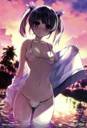 Rule 34 | 1girl, absurdres, bare shoulders, beach, bikini, blush, breasts, cleavage, collarbone, copyright request, covered erect nipples, dutch angle, highres, lips, looking at viewer, micro bikini, misaki kurehito, navel, nipples, ocean, off shoulder, outdoors, purple eyes, purple hair, see-through, short hair, small breasts, solo, string bikini, swimsuit, twintails, undressing, wading, water, wet, white bikini