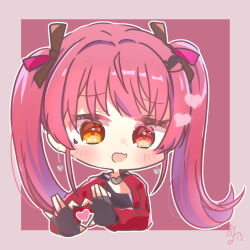 Rule 34 | 1girl, :d, absurdres, black gloves, black ribbon, blush, border, chibi, commentary request, drop earrings, earrings, fang, fingerless gloves, gloves, grey border, hair between eyes, hair ribbon, happy, heart, heart earrings, heart hands, heterochromia, highres, hololive, houshou marine, jacket, jewelry, long hair, long sleeves, looking at viewer, open mouth, red background, red eyes, red hair, red jacket, ribbon, signature, simple background, skin fang, smile, solo, straight hair, twintails, upper body, utuigawa, virtual youtuber, yellow eyes