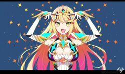 Rule 34 | 1girl, :d, arms up, blonde hair, breasts, cleavage, commentary request, double v, dress, gloves, headpiece, hikouki (umiko003), hoshino ai&#039;s pose, large breasts, letterboxed, long hair, looking at viewer, mythra (xenoblade), open mouth, pink hair, signature, sleeveless, sleeveless dress, smile, solo, symbol-shaped pupils, twitter username, upper body, v, very long hair, white dress, white gloves, xenoblade chronicles (series), xenoblade chronicles 2