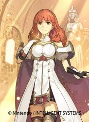 Rule 34 | 1girl, arm guards, bare shoulders, breasts, cape, celica (fire emblem), company connection, company name, copyright name, dress, earrings, elbow gloves, fingerless gloves, fire emblem, fire emblem cipher, fire emblem echoes: shadows of valentia, gloves, hidari (left side), indoors, jewelry, long hair, medium breasts, nintendo, official art, red eyes, red hair, short sleeves, solo, statue, thighhighs, zettai ryouiki