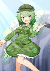 Rule 34 | 1girl, :d, blue sky, breasts, commentary request, feet out of frame, frilled skirt, frills, green eyes, green hair, green shirt, green skirt, hekkmushi, highres, key, large breasts, light rays, long sleeves, looking at viewer, open mouth, outdoors, pocket, shirt, short hair, skirt, sky, smile, solo, touhou, yamashiro takane