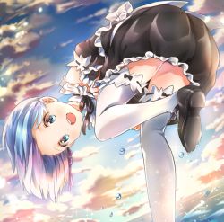 Rule 34 | 10s, 1girl, :d, apron, backlighting, bare shoulders, bent over, black dress, black footwear, black ribbon, blue eyes, blue hair, blue sky, blush, cloud, cloudy sky, collar, day, detached collar, detached sleeves, dress, frilled collar, frilled dress, frills, hair ribbon, juliet sleeves, leg up, long sleeves, looking at viewer, maid, maid apron, mary janes, melings (aot2846), neck ribbon, open mouth, outdoors, puffy sleeves, purple ribbon, re:zero kara hajimeru isekai seikatsu, rem (re:zero), ribbon, shoes, short hair, sky, smile, solo, standing, standing on one leg, tareme, thighhighs, water, water drop, white apron, white thighhighs, wide sleeves