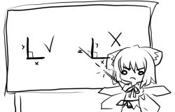 Rule 34 | 1girl, 3d, angry, chalkboard, chibi, cirno, diagram, female focus, frown, greyscale, math, monochrome, o o, science, sketch, solo, touhou, truth, wings