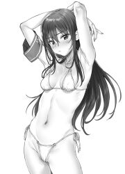 Rule 34 | 1girl, :/, armband, armpits, arms behind head, arms up, averting eyes, bikini, blush, breasts, closed mouth, commentary request, cowboy shot, greyscale, groin, hair between eyes, long hair, monochrome, navel, original, paid reward available, side-tie bikini bottom, sideways glance, simple background, small breasts, solo, stomach, swimsuit, tsukimoto kizuki, tsurime