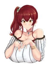 Rule 34 | 1girl, absurdres, ahoge, alternate costume, azur lane, bangle, blouse, bracelet, breasts, choker, cleavage, earrings, hair between eyes, highres, jewelry, mon (manarestra), red hair, shirt, side ponytail, solo, striped clothes, striped shirt, white background, zara (azur lane)