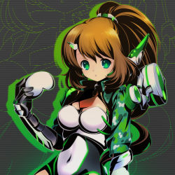 Rule 34 | 10s, 1girl, black gloves, breasts, brown hair, choker, cleavage, covered navel, divine gate, unworn eyewear, gauntlets, glasses, gloves, green eyes, green jacket, hair ornament, hairclip, holding, holding removed eyewear, jacket, jewelry, large breasts, leotard, long hair, looking at viewer, maikaze kagura, mecha musume, nano00, navel, neck ring, necktie, open mouth, ponytail, solo
