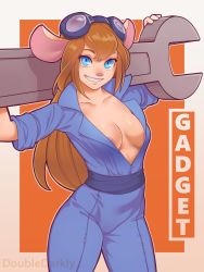 Rule 34 | 1girl, animal ears, areola slip, blonde hair, blue eyes, breasts, character name, chip &#039;n dale rescue rangers, cleavage, doubledarkly, furry, furry female, gadget hackwrench, goggles, goggles on head, highres, jumpsuit, long hair, mouse ears, mouse girl, sleeves rolled up, solo, third-party edit, wrench