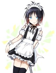 Rule 34 | 1boy, :o, apron, arm behind back, black dress, black hair, black ribbon, black thighhighs, blue eyes, crossdressing, dress, earrings, eyelashes, frilled dress, frills, holding, jewelry, maid, maid headdress, male focus, multicolored hair, neck ribbon, original, parted lips, pillow (nutsfool), red hair, ribbon, simple background, solo, streaked hair, thighhighs, trap, white apron