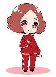 Rule 34 | 10s, 1girl, blush, brown eyes, brown hair, chibi, commentary request, do m kaeru, okumura haru, persona, persona 5, red track suit, short hair, smile, solo, track suit, twitter username
