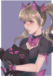 Rule 34 | 1girl, :3, animal ears, black cat d.va, blonde hair, bow, bowtie, d.va (overwatch), earrings, fake animal ears, gloves, hair bow, jewelry, official alternate costume, overwatch, overwatch 1, pink eyes, purple background, ryumi-gin, simple background, solo, stuffed animal, stuffed toy, twintails
