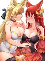 Rule 34 | 2girls, animal ears, anthuria, bare shoulders, black legwear, blonde hair, blush, bow, braid, breast press, breasts, choker, cleavage, collarbone, covered navel, detached sleeves, dress, erune, finger in another&#039;s mouth, granblue fantasy, hair between eyes, hair ornament, hand on another&#039;s face, hand on another&#039;s stomach, kauru00, large breasts, looking at another, multiple girls, open mouth, red bow, red dress, red eyes, red hair, simple background, sleeveless, thighhighs, white background, white dress, yellow eyes, yuisis (granblue fantasy), yuri